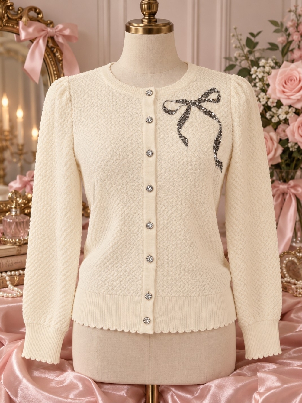 Charter Club Cream Knit Cardigan with Sequin Bow